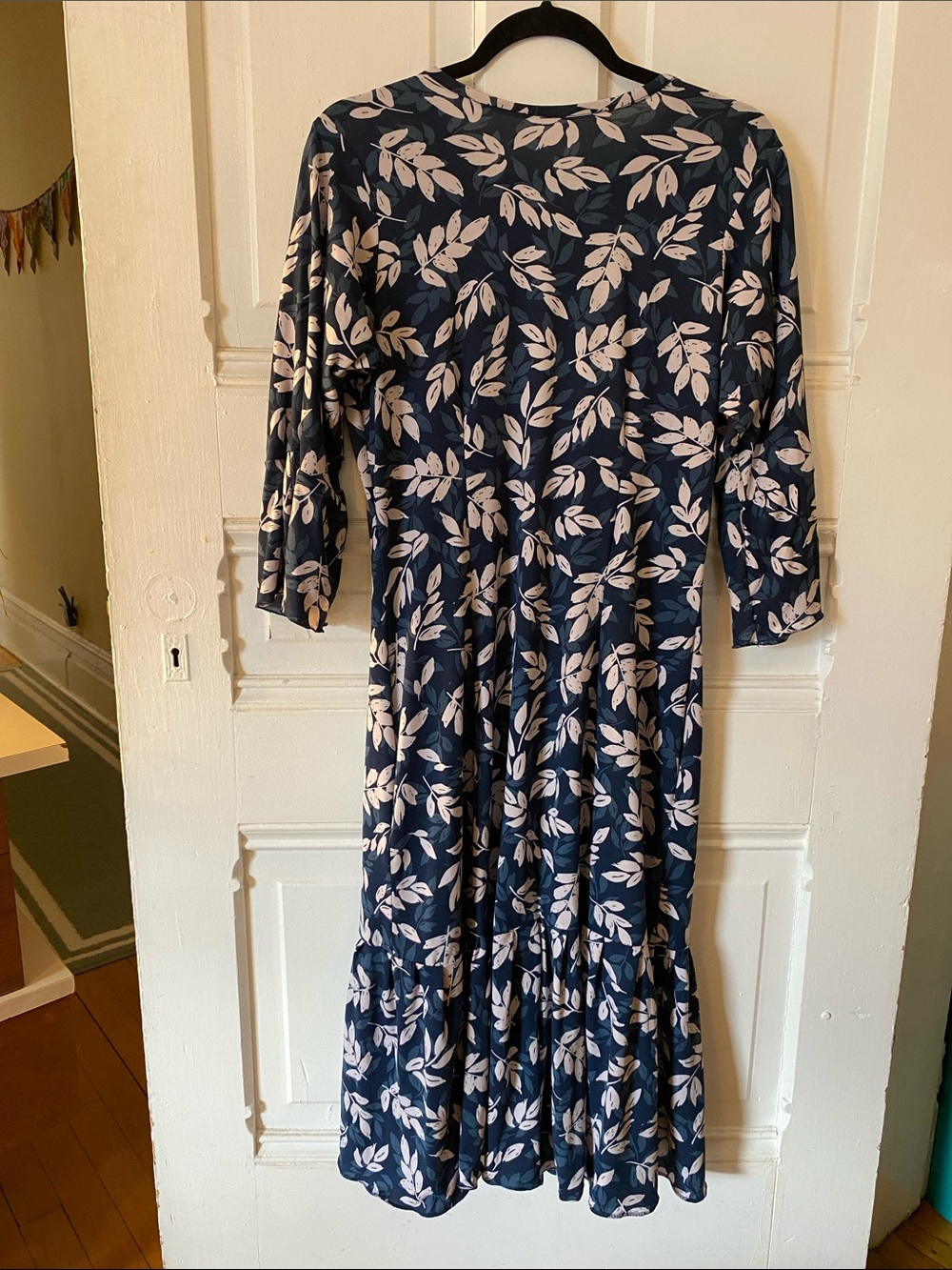 Women's Navy Blue Leaf Print Midi Dress